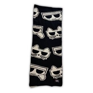 Karl Lagerfeld Paris Cat Knit Rectangle Scarf Black White Animal Print Logo